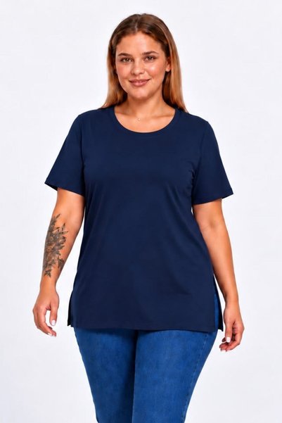 Seamoda Plus Size Round-Neck Slit Cotton Basic T-Shirt - NAVY