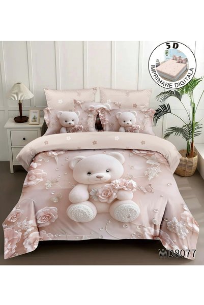 OEM Finet Duvet Cover Set , 5D, with elastic, double bed, 4 pieces, pink with...