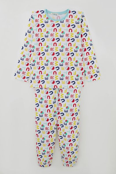 Breeze Girls' Pajama Set with Colorful Alphabet Print, Ages 9–12, White