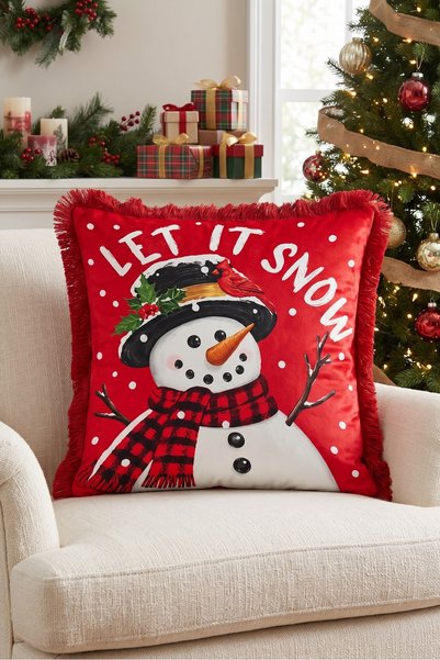 Evimde Bambaşka Let It Snow Red New Year's Patterned Tasseled Cushion Cover -...
