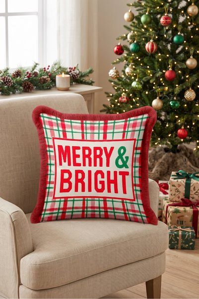 Evimde Bambaşka Plaid Christmas-Themed Tasseled Cushion Cover—Retro Christmas...