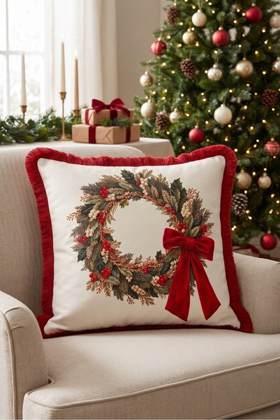 Evimde Bambaşka Cream Wreath New Year's Patterned Tasseled Cushion Cover - Ne...