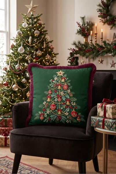 Evimde Bambaşka Green Fir Tree New Year's Patterned Tasseled Cushion Cover—Ne...