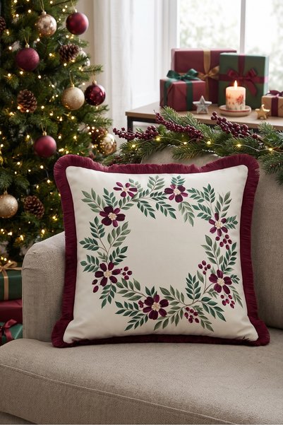 Evimde Bambaşka Cream-Colored Floral Wreath New Year's Patterned Tasseled Cus...