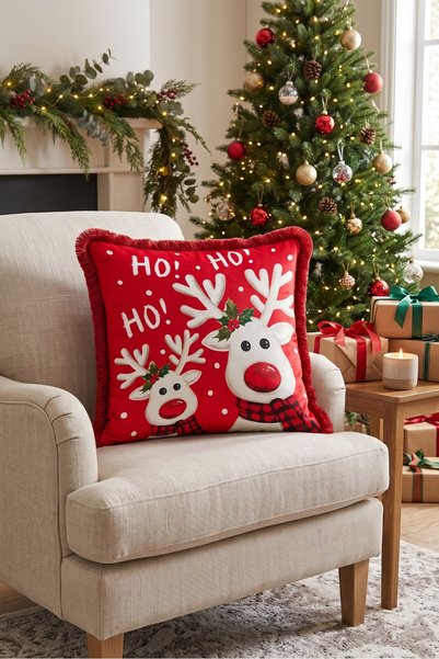 Evimde Bambaşka Ho! Red Deer New Year's Decoration Tasseled Cushion Cover—New...