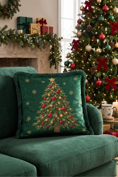 Evimde Bambaşka Emerald Pine Tree New Year's Patterned Tasseled Cushion Cover...