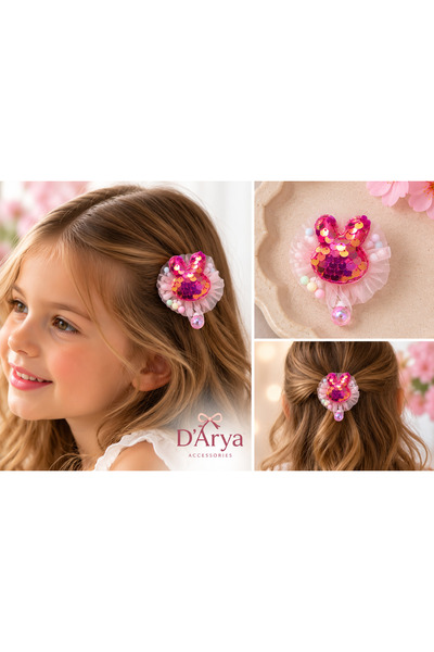 Darya Children's Hair Clip with a Rabbit Figure, Tulle Detail, Pom-Pom, and B...
