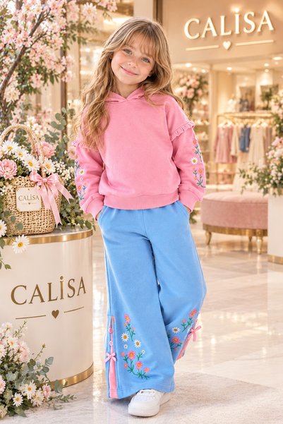 CALİSA Kız Çocuk Çiçek Nakışlı Fırfır Detaylı Kapüşonlu Sweatshirt Pantolon 2'li Takım