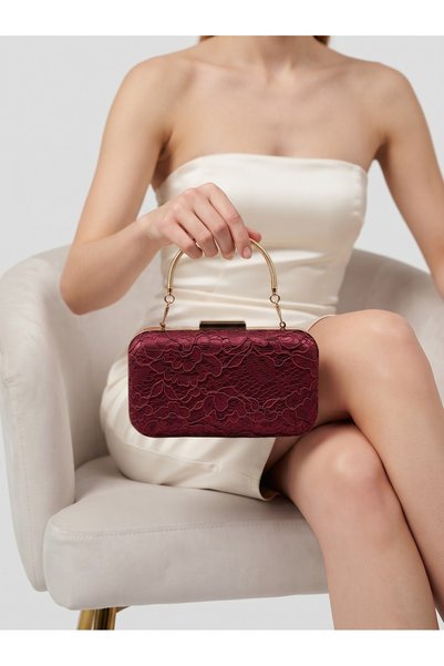 Biçanta Burgundy Lace Women's Evening Clutch Bag with Gold Accents, Strappy C...