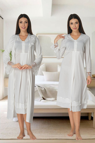 Generic Brand Maternity and Postpartum Elegant Lace-Buckle Detail Nightgown S...