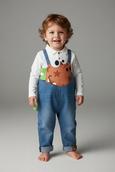 BİANCOFİGLİO BABY DENIM DUNGAREES WITH DINOSAUR PRINT (INCLUDES T-SHIRT)