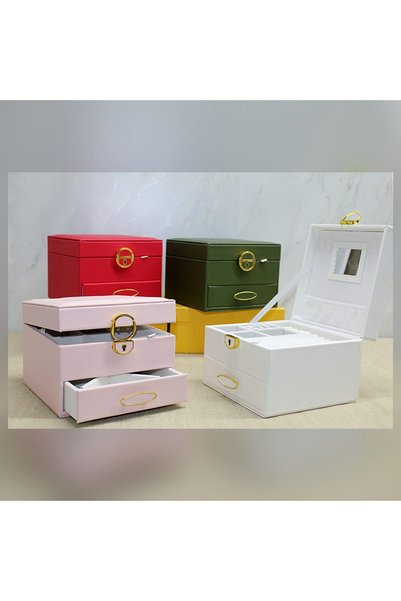 HEDİYE FİKRİ Leather-Covered Jewelry and Makeup Box with Drawers and Mirror—L...
