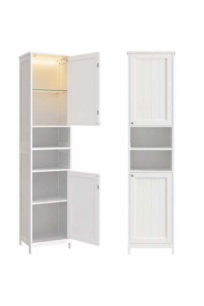 VASAGLE Dulap înalt pentru baie cu iluminare LED și rafturi reglabile, MDF, 3...