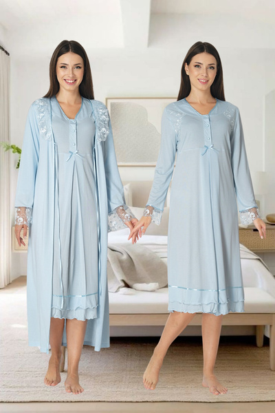 Generic Brand Maternity and Postpartum Elegant Lace-Buckle Detail Nightgown S...