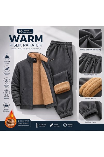 Urban Look Unisex Winter Plush Fur Lined Tracksuit Set Warm Zippered Jacket a...