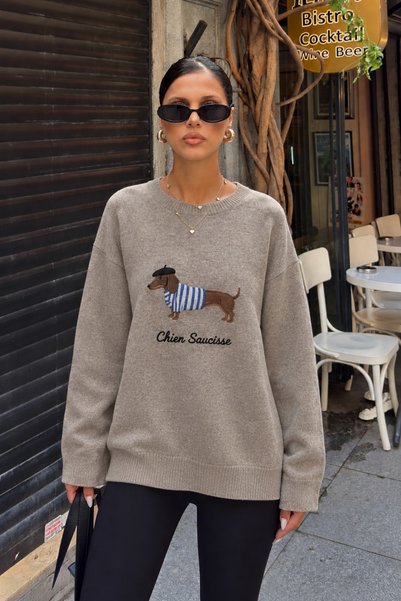 BEJNA Women's Dog-Embroidered Relaxed-Fit Soft Knit Sweater