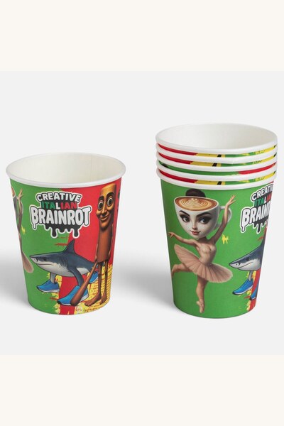 Comerivo Set 6 pahare hartie pentru petrecere cu imprimeu Brainrot 240ml