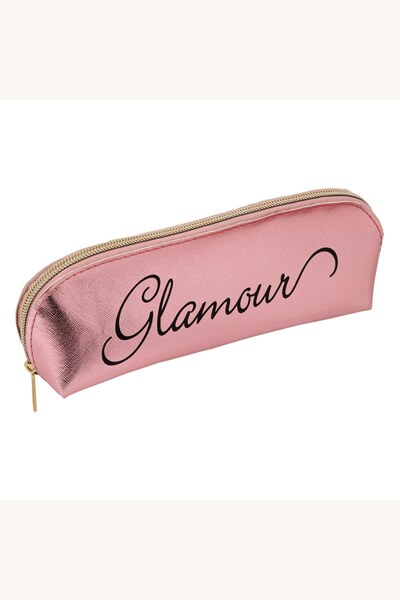 Comerivo Organizator cosmetice roz lucios cu fermoar, 22x5.5x8.5 cm