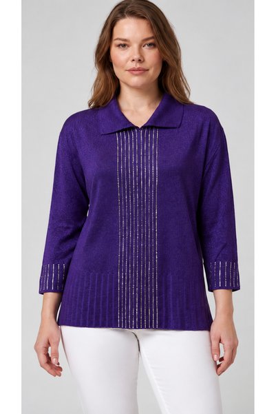EtkiModa Women's Shirt Collar Blouse with Stone Embellishments and Glittery D...