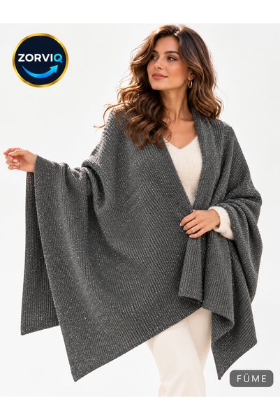 ZORVİQ Women's Charcoal Grey Glittery Solid-Knit Shoulder Shawl, 85x185 cm, S...