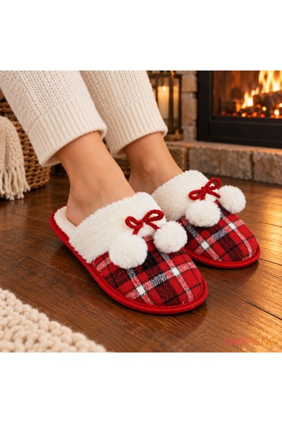 SHOPIENS Papuci rosii in carouri cu blanita si pompoane Marime 37-38