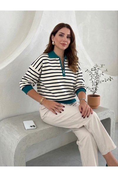 modayaselam Pulover din tricot cu guler cu fermoar în dungi