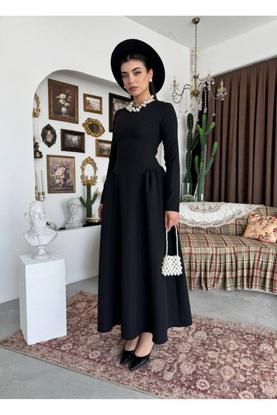 Miss Beyoğlu فستان نسائي بطول متوسط، بياقة دائرية، وكم طويل، وتنورة واسعة