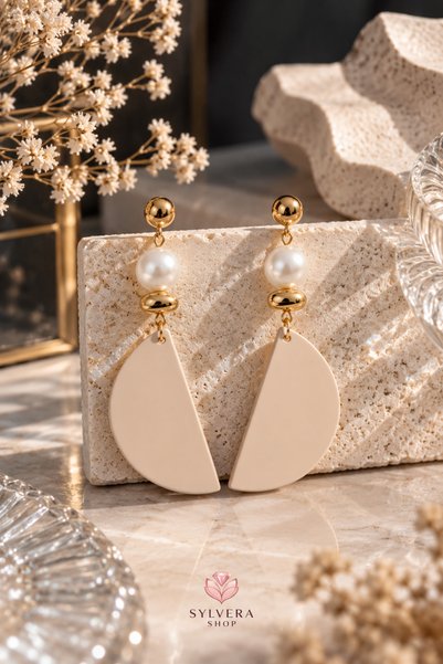 Sylvera Shop Pearl-Detailed Half-Circle Dangle Earrings (Cream & Gold)
