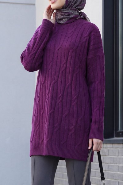 Modamorfo Tunică din tricot cu model de decolteu rotund la baza gâtului – violet