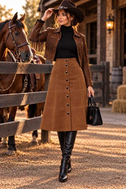 FASHION Fustă Midi de Damă din Piele Întoarsă Naturală de Porc, cu Nasturi Fr...