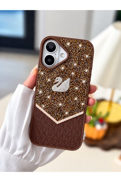 Go Aksesuar Iphone 16 Uyumlu KUĞU Tasarımlı Taşlı Işıltılı Parlak Pırlanta Si...