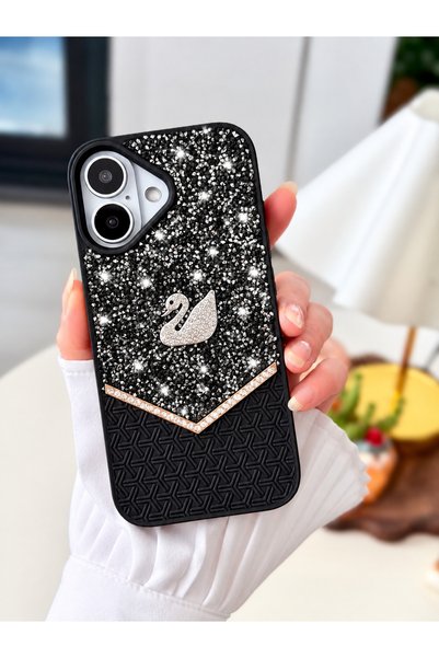 Go Aksesuar Iphone 16 Uyumlu KUĞU Tasarımlı Taşlı Işıltılı Parlak Pırlanta Si...