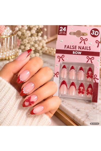 DD SHOP Unghii False de Craciun cu Adeziv Roz Rosu cu Manichiura French - 24buc
