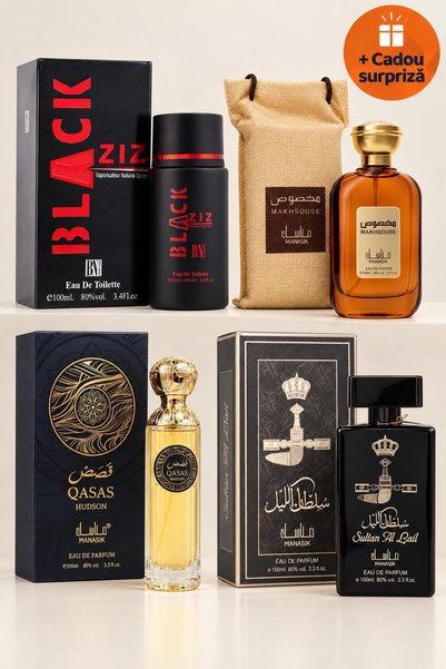 OferteTop Set 4 Parfumuri Arăbești pentru Bărbați: Black Ziz, Makhsouse, Qasa...