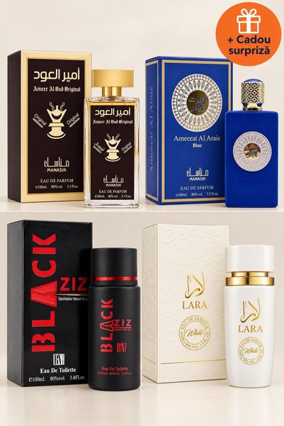 OferteTop Set 4 Parfumuri pentru El și Ea: Ameer Al Oud, Ameerat Al Arais Blu...