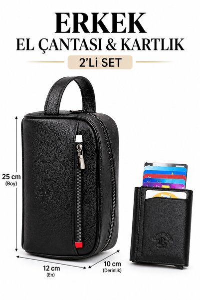 Newish Polo Men's Black Clutch Bag, Cosmetic Case, and Shaving Kit + Wallet w...