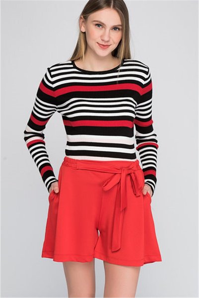 cottonmood 8094507 Crepe Pocketed Tied Waist Elasticated Shorts Red