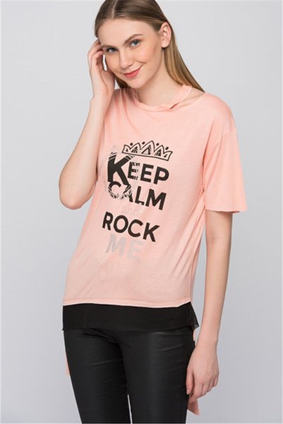 cottonmood 8101001 Keep Calm Printed Left Neck Cutout Short Sleeve Tunic Pudra