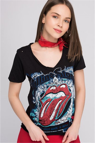 cottonmood 8070707 V-Neck Printed Ripped Detailed Short Sleeve T.Shirt Black