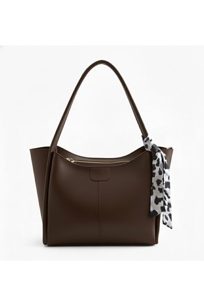 Arvelia Brown Large Internal Volume Women's Shoulder Bag with Scarf (Scarf Color May Vary)