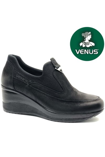 Venüs Maranta Genuine Leather Wedge Heel Orthopedic Women's Casual Shoes Black