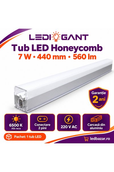 LEDIGANT Tub LED Honeycomb 7W, 440 mm, 560 lm, carcasă aluminiu, conectare 2 ...