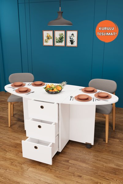 asratrend Lüks Katlanır Mutfak Yemek Masası %100 MDF Pratik Çekmeceli Çalışma...