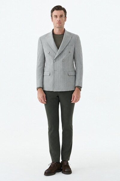 Jakamen Gray Slim Fit High Collar Double Breasted Jacket