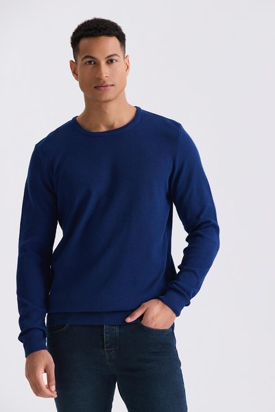 Jakamen Indigo Slim Fit Crew Neck Patterned Knitwear Sweater