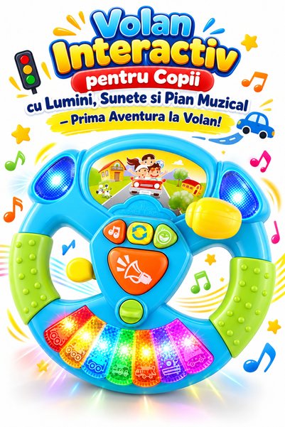 RCO Volan interactiv pentru copii cu lumini, sunete si pian cu 7 clape, 18 luni+