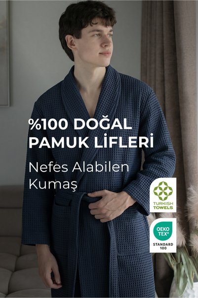 Green Black Чоловічий халат Afra Elite Series з піке, темно-синій, сертифіков...