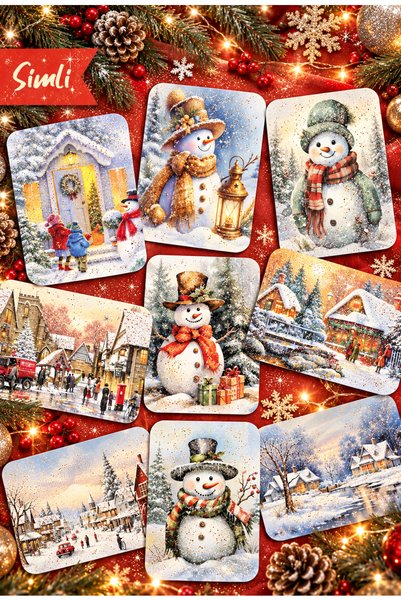 Mia Pera 9-Piece Glittery New Year Postcard Set New Year Snowman Winter Scene...