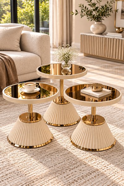 Binsepet İNCİ 3'LÜ ZİGON SEHPA TAKIMI KREM GOLD AYNALI MODERN YAN VE ORTA SEHPA