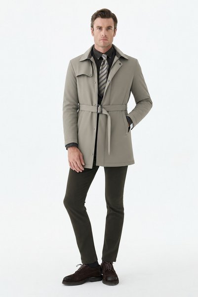 Jakamen Beige Comfort Fit Coat with Baby Collar and Belted Trench Coat